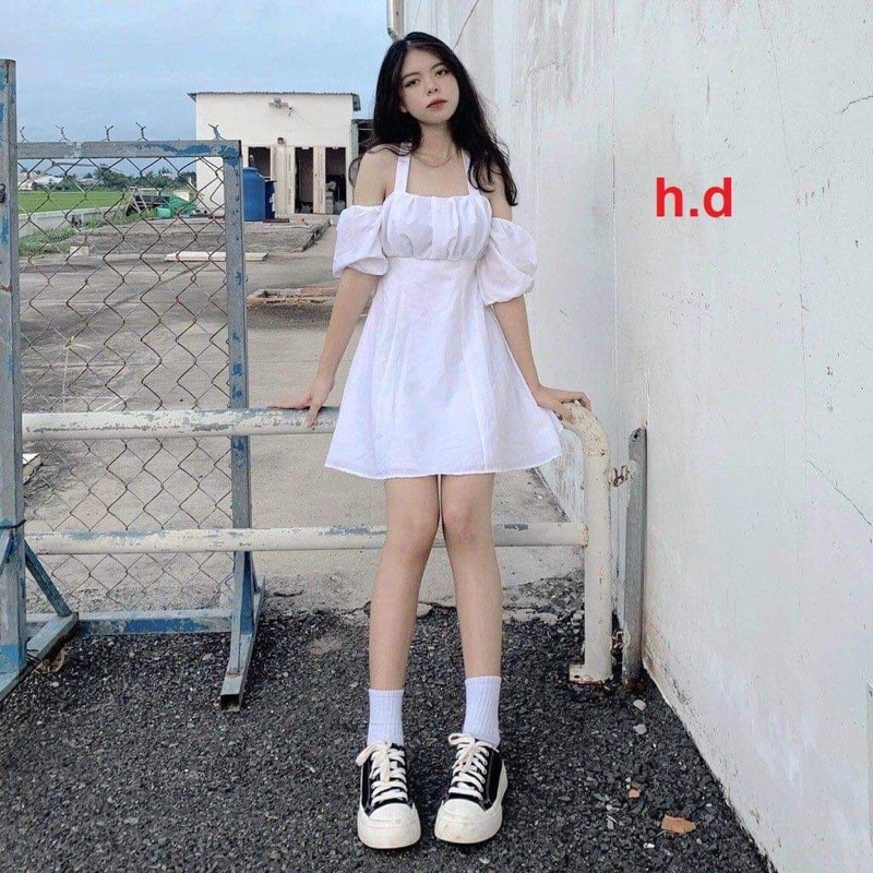 Váy đầm nữ cổ yếm buộc dây trễ hở vai nhún ngực màu đen, trắng dáng chữ A, xòe ngắn mini freesize sexy hàn quốc