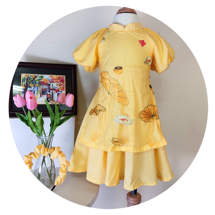 Áo dài cách tân cho bé gái 💥 HÀNG THIẾT KẾ MAY KỸ 💥 áo dài cách tân tay bồng thêu hoa sen cao cấp