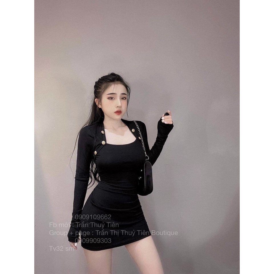 Đầm body thun gân cổ vuông trùm vai đính nút tay dài