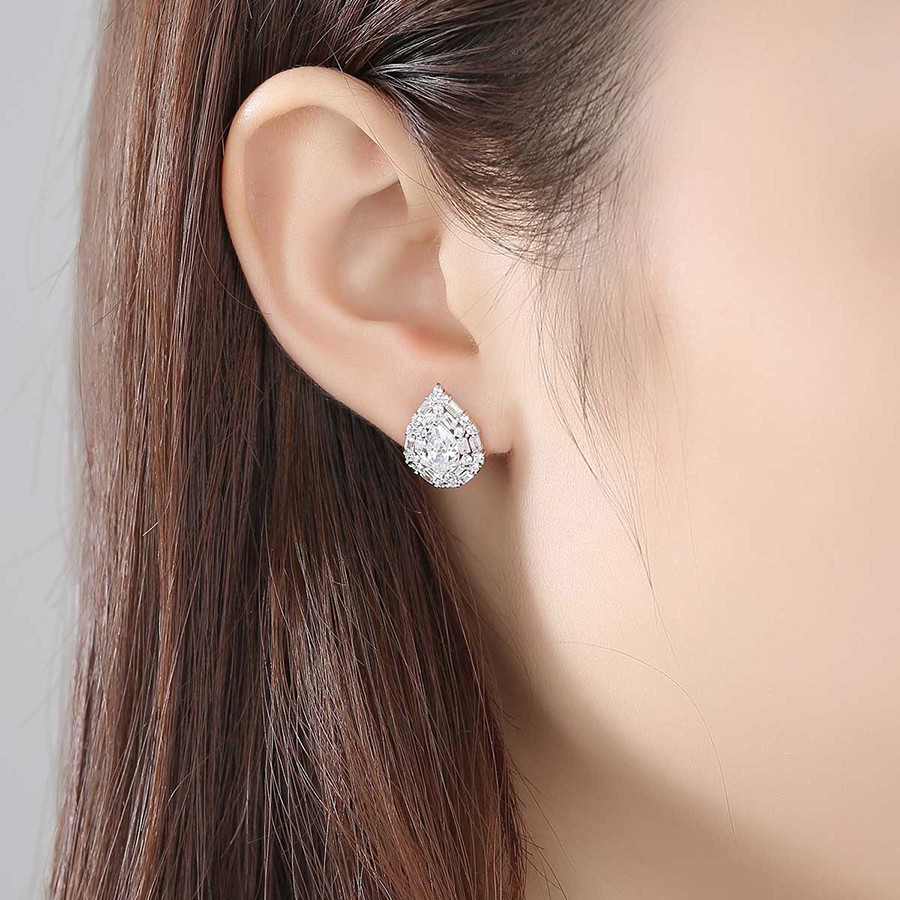 Bông Tai Bạc Nữ Hình Giọt Nước Đính Nhiều Đá Trắng-Xanh B-2416-Bảo Ngọc Jewelry