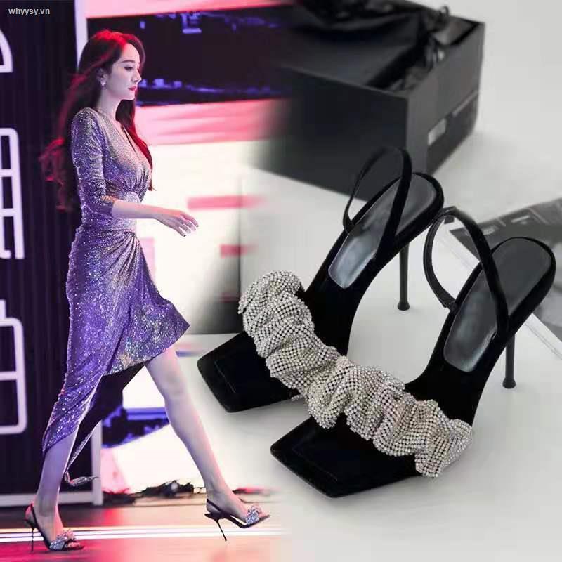 ▧✶✖celebrity same style high heels female 2021 new one word with rhinestone square toe open sandals