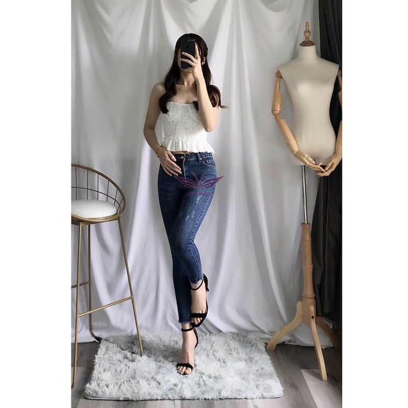 Quần Jeans Nữ Cạp Cao Co Giãn Tốt Kiểu Cào/9 tấc