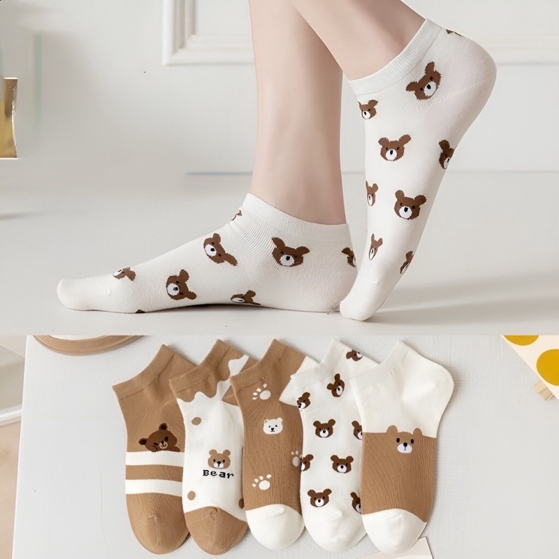Set 5 đôi tất trắng nữ, Combo 5 đôi tất gấu nâu chất cotton thấm hút tốt