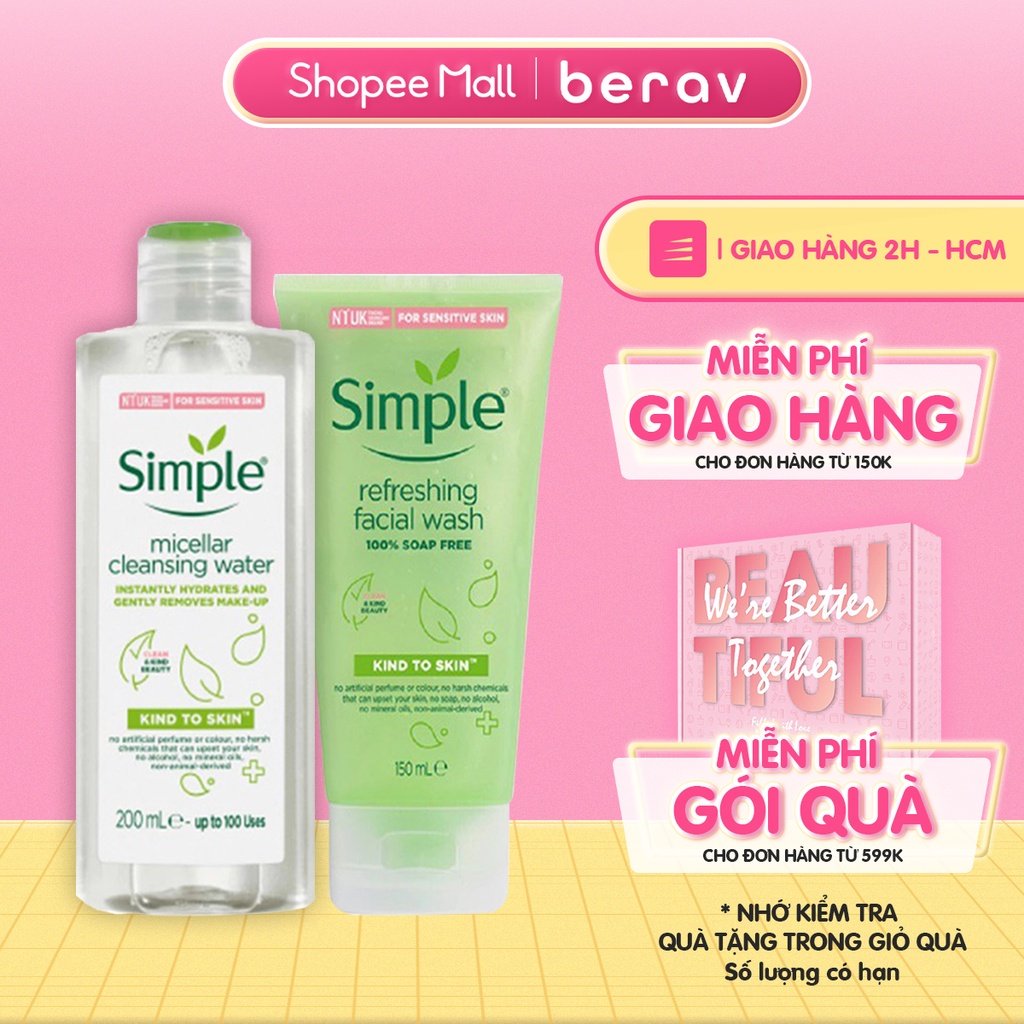 [Simple Xanh] Combo Nước Tẩy Trang + Sữa Rửa Mặt Simple Dịu Nhẹ Refreshing Facial Wash 150&200ML