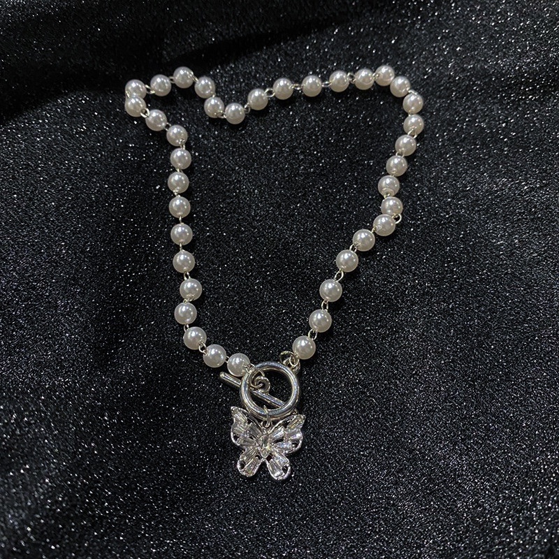 Vòng cổ Bạc Mặt Hình Bướm Đính Ngọc Trai Phong Cách Vintage