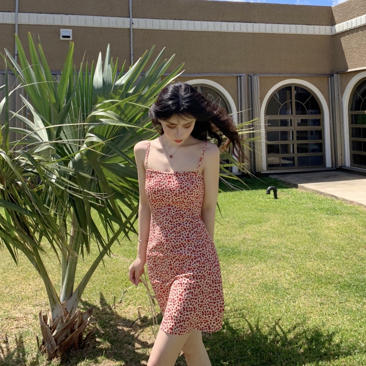 SUXI Đầm tiệc hai dây in họa tiết hoa thời trang Hàn Quốc