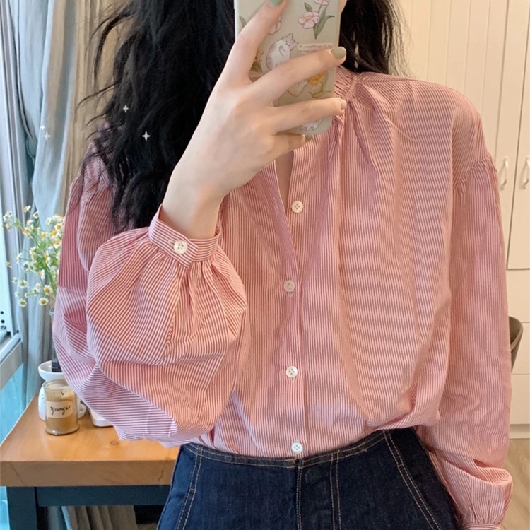 Liên Kết Với Nhau ❁ Áo Sơ Mi Tay Dài Họa Tiết Kẻ Sọc Đơn Giản Thời Trang Cho Nữ