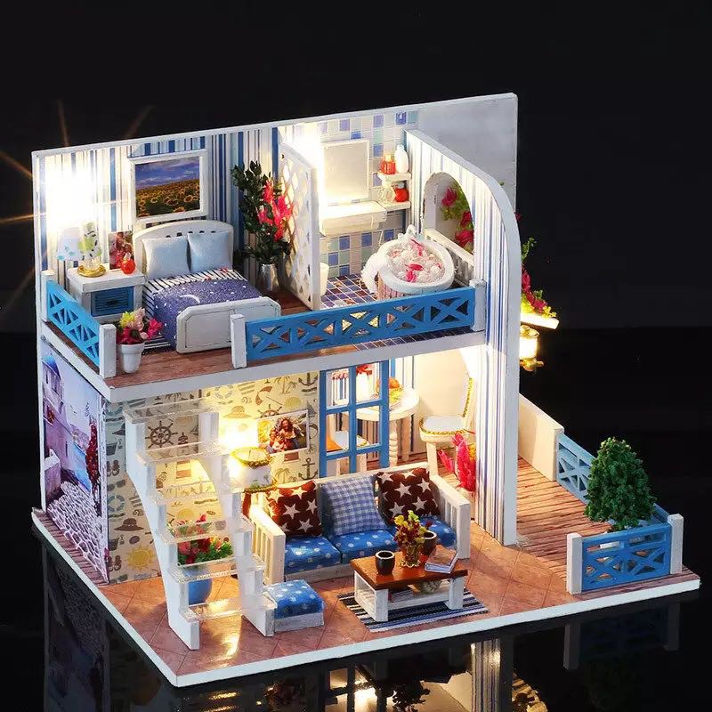 Mô hình nhà gỗ búp bê Tự Bộ đồ chơi búp bê thu nhỏ với nội thất làm Nhà thủ công Sưu tầm cho sở thích K19B