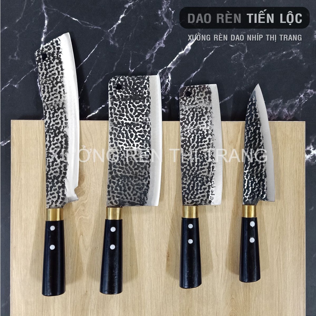 Bộ Dao Làm Bếp Thép Nhíp Dập Vân 2 Mặt, Dao Chặt Cây, Chặt Xương, Thái Lọc