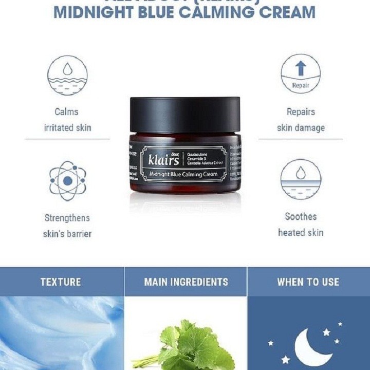 Kem dưỡng đêm Klairs Midnight Blue Calming Cream làm dịu da, phù hợp với da nhạy cảm - mỹ phẩm Yumi Beauty