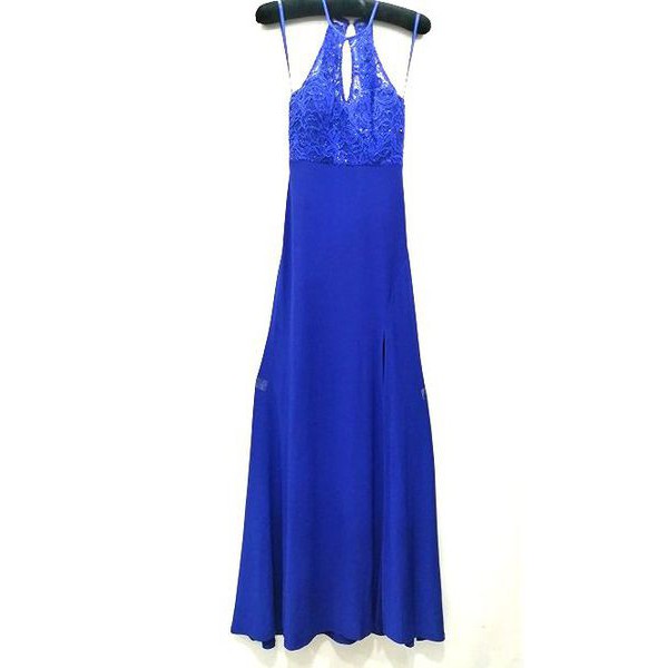 Đầm dự tiệc dạ hội USA Segin hearts cổ yếm hở lưng màu xanh phối ren kim sa 4684IT1S ( TH6358 )