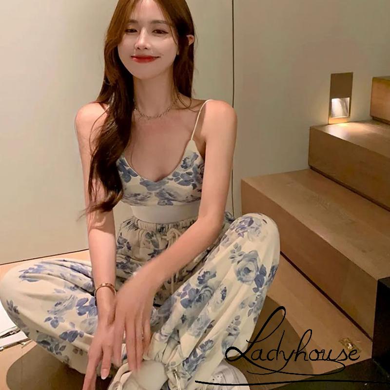 Bộ Trang Phục 2 Mảnh Gồm Áo Hai Dây Cổ Chữ V In Họa Tiết Hoa Và Quần Dài Lưng Thun Dành Cho Nữ