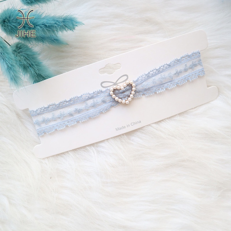 【JIHE】Vòng Cổ Choker Màu Xanh Dương Phối Ren Và Hạt Ngọc Trai Thời Trang Nhật Hàn