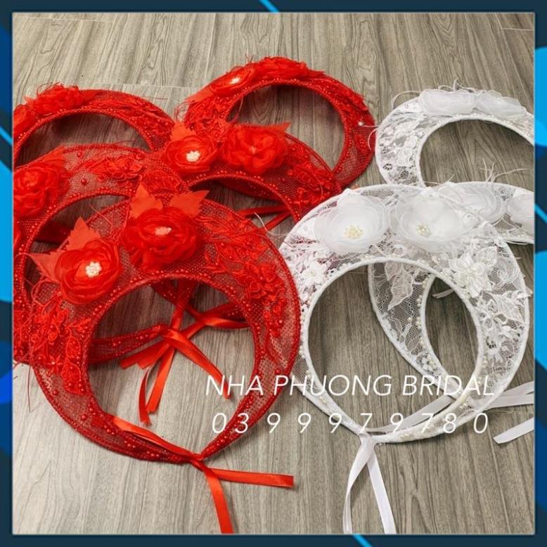 Mấn Vành Ren Trắng Đính Hoa Nổi Và Lông Vũ Xinh Xắn-Mấn đội đầu cô dâu