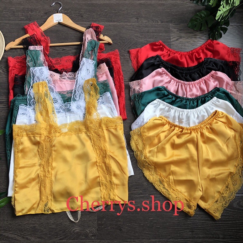 set đồ bộ ngủ lụa satin đùi sexy hai dây phối gen cùng màu siêu hot