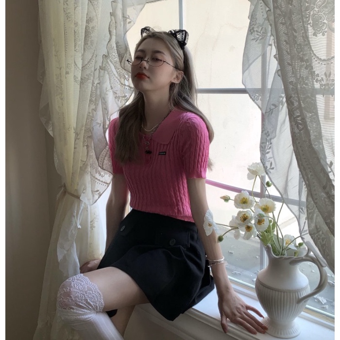 Cocory vn Áo croptop dệt kim ngắn tay dáng ôm thời trang Hàn Quốc quyến rũ cho nữ