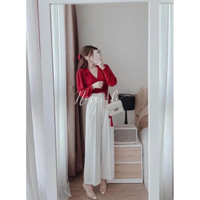 Set áo chéo vạt thắt nơ mix quần sớ