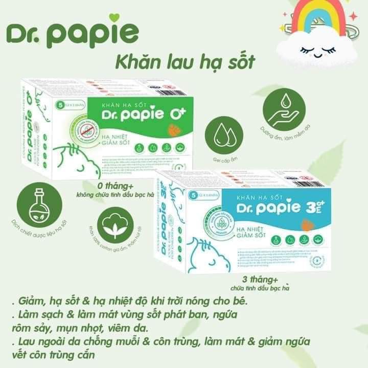 [CHÍNH HÃNG] - Khăn lau hạ nhiệt, giảm sốt/ hạ sốt thảo dược Dr.Papie, ngăn ngừa co giật cho bé từ sơ sinh 0M+ trở lên