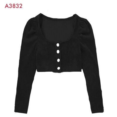 Áo nhung tăm khuy tay bồng dáng croptop