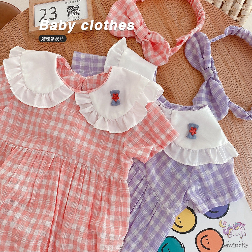 Bộ Áo Liền Quần Tay Ngắn Cổ Búp Bê Kèm Băng Đô Dễ Thương Cho Bé Gái