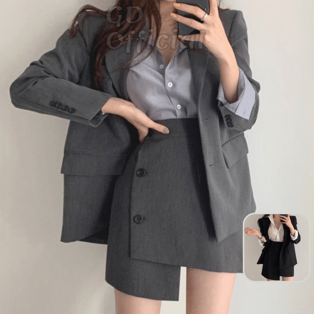 B16|Set bộ nữ áo blazer dài tay cổ điển dáng rộng, váy chữ A cạp lưng cao khóa cài công sở thanh lịc