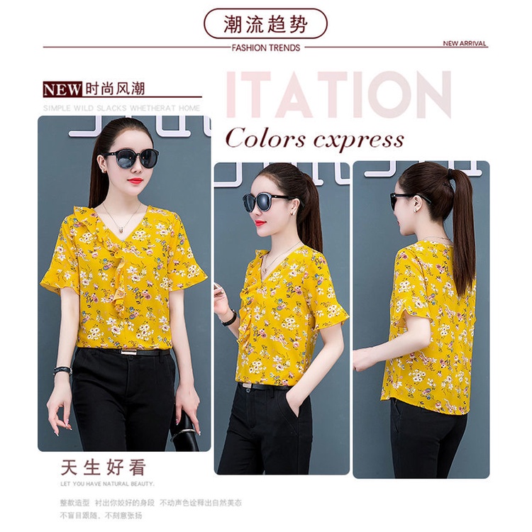 Áo Voan Tay Ngắn Cổ Chữ V In Họa Tiết Hoa Nhí Xinh Xắn Thời Trang Phong Cách Hàn Quốc Cho Nữ
