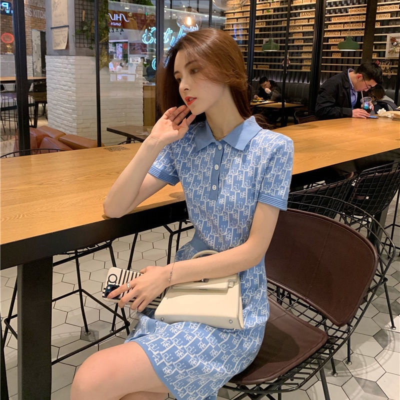 Đầm hình chữ a dệt kim tay ngắn cổ áo polo cho nữ
