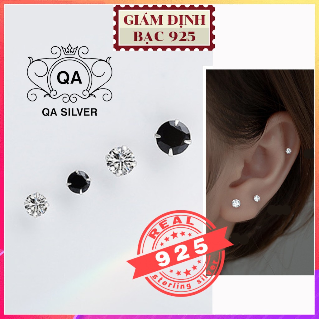 Khuyên tai nụ bạc 925 đính đá 4 chấu bông bạc trơn tối giản đen trắng S925 BASIC Silver Earrings QA SILVER EA170801