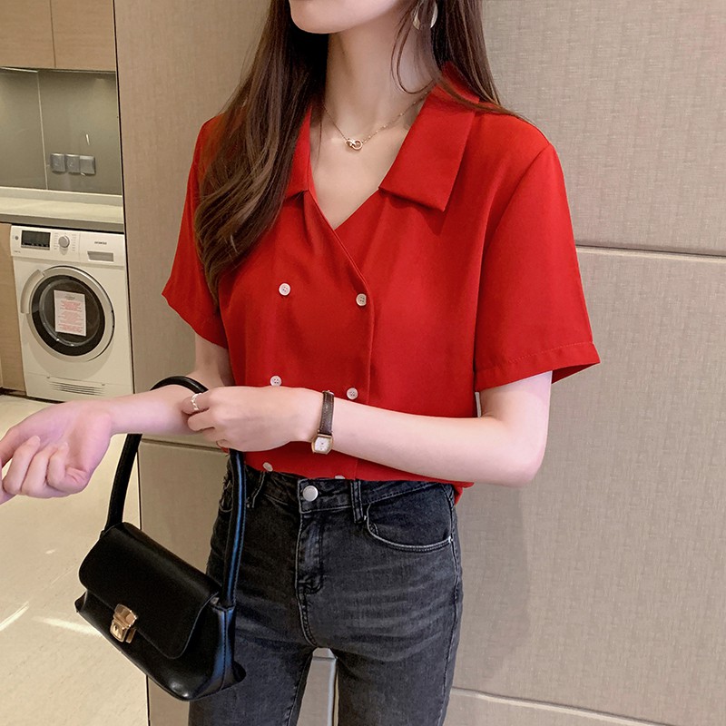 Áo sơ mi voan ngắn tay cổ chữ V màu trơn phong cách thời trang Hàn Quốc