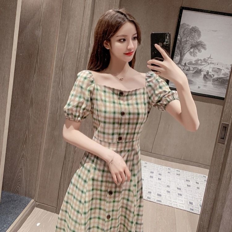 Đầm Tay Phồng Họa Tiết Sọc Caro Thời Trang Pháp Cho Nữ