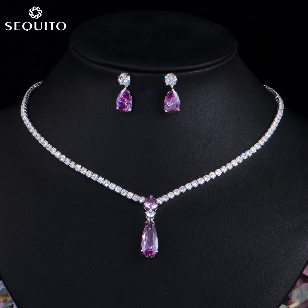 Sequito Bộ Vòng cổ + Bông Tai Đính Đá zircon Màu Trắng / Vàng Thạch Anh Tím Chất Lượng Cao Cho Nữ js118
