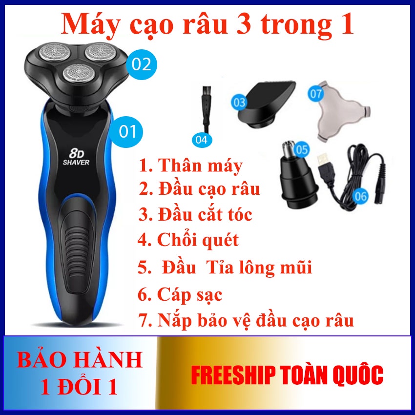 Tông đơ cạo râu cao cấp 3 trong 1 8D SHAVED cắt tóc tỉa lông mũi - máy cạo râu thông minh nhỏ gọn hàng bảo hành