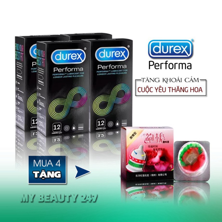 [Tặng Bcs Siêu Gai] Bộ 4 Hộp (48 Chiếc )Bao cao su Durex Performa Nhiều Gel Bôi Trơn Tăng Khoái Cảm &amp; Kéo Dài Cuộc Yêu