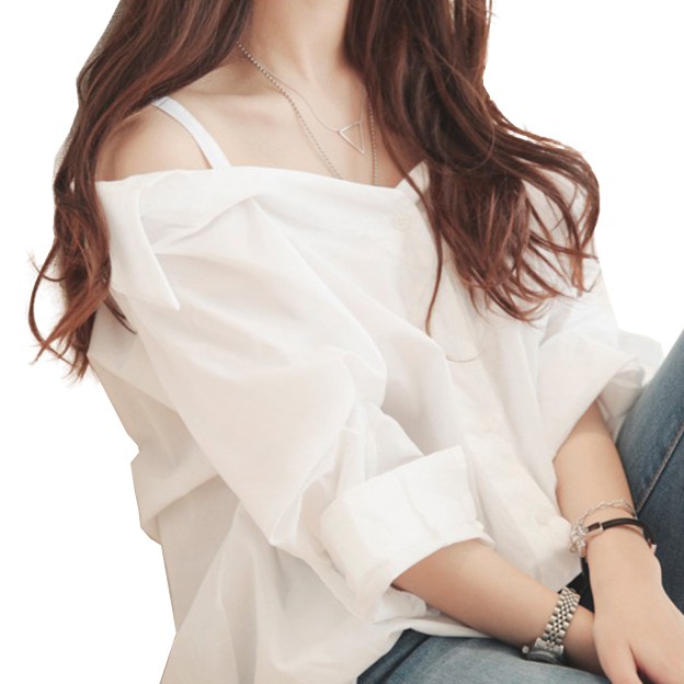 Áo trễ vai SUXI tay dài dáng rộng màu trắng thời trang cho nữ