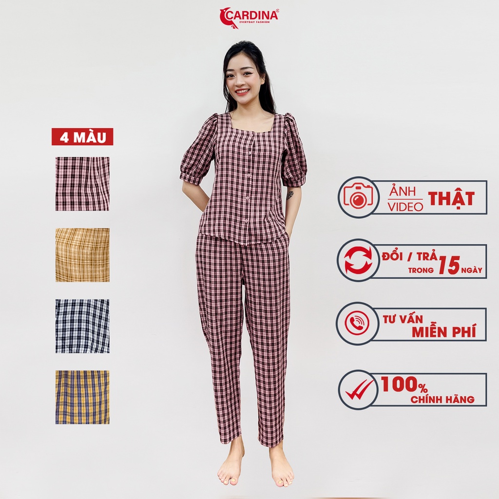 Đồ Bộ Nữ 𝐂𝐀𝐑𝐃𝐈𝐍𝐀 4 Màu Kẻ Chất Thô Nhật Cao Cấp Áo Cổ Vuông Tay Phồng Quần Dài Thoáng Mát Nhẹ Nhàng 2BTH02