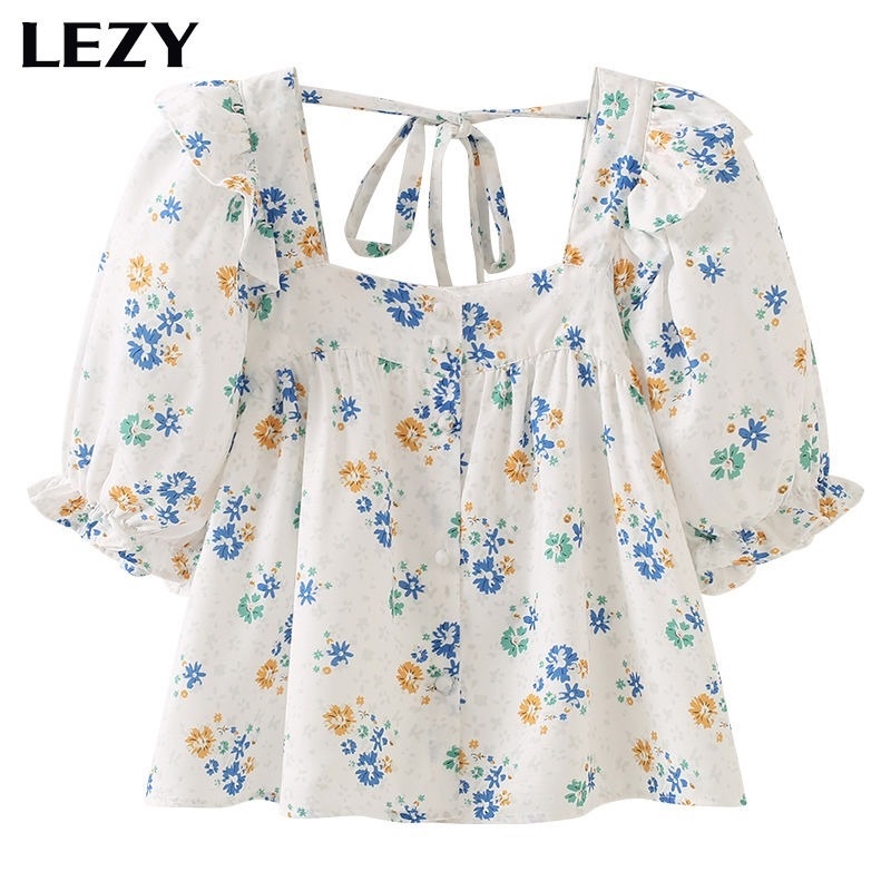 Áo Sơ Mi Cổ Vuông Cột Dây Họa Tiết Hoa Phong Cách Pháp Thời Trang Mùa Hè Mới Cho Nữ