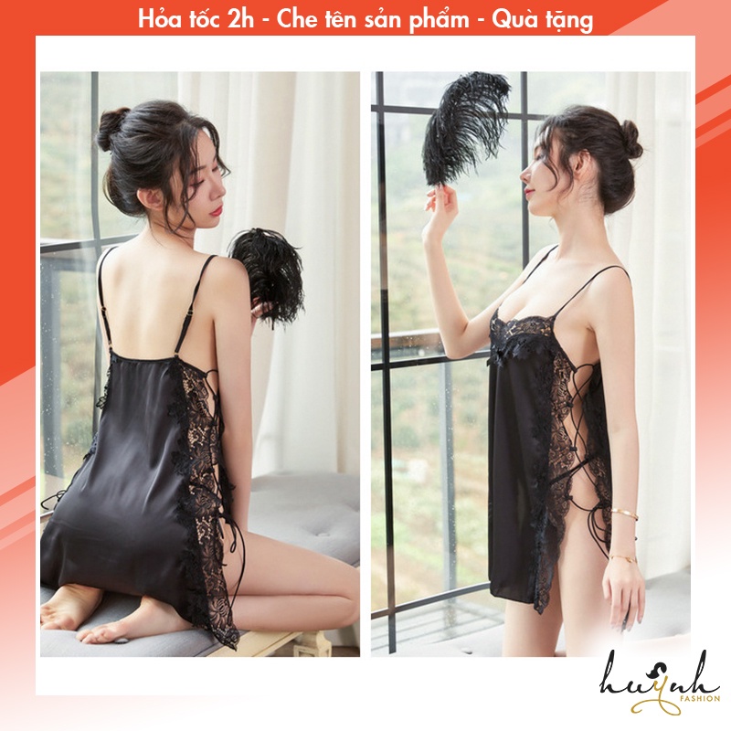 Đầm ngủ hai dây lụa phối ren xẻ tà dây đan hông sexy - N53