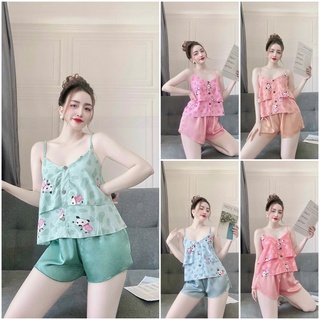 Đồ bộ mặc nhà 2 dây họa tiết hottrend, quần short chất lụa satin mềm, đẹp, mát, phom dưới 58kg- tùy chiều cao