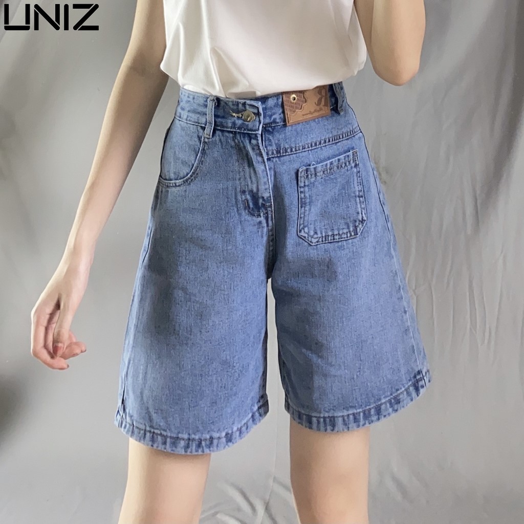 Quần Short Nữ Túi Trước UNIZ Q9015 (2 Màu), Ulzzang, Dáng Lửng, Cạp Cao, Ống Rộng Vừa, Vải Jean, Co Giãn, Mềm Nhẹ