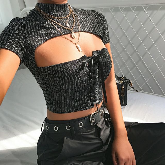 Áo croptop body sequin lấp lánh buộc dây cut out quyến rũ phong cách hot girl Âu Mỹ