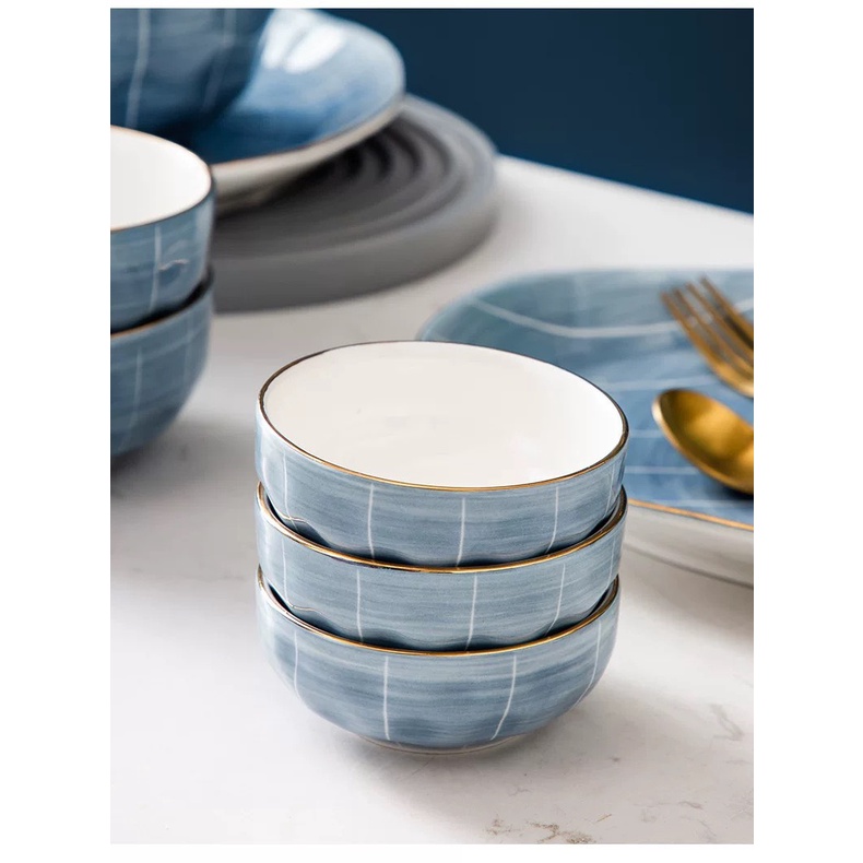 Bộ bát đĩa sứ cao cấp màu xanh ghi vàng kim - phong cách Bắc Âu
