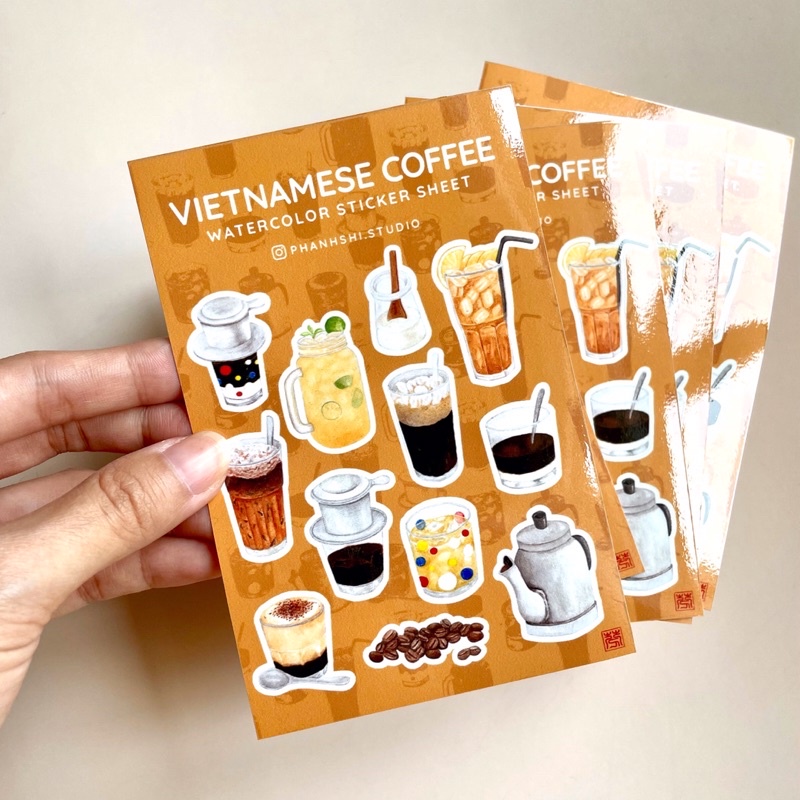 Tấm Sticker Hình Dán Cà Phê Việt “Vietnamese Coffee” In Từ Tranh Vẽ Tay Màu Nước