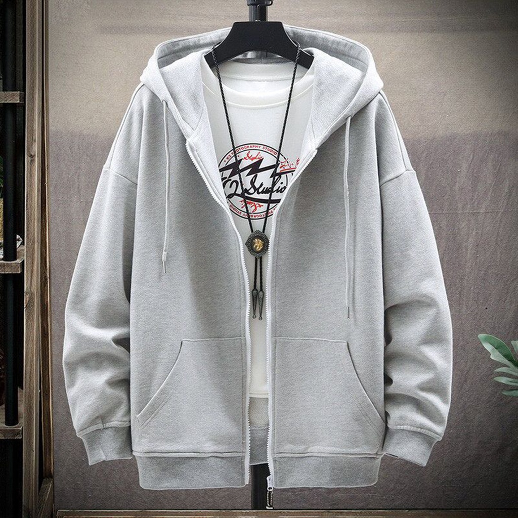 Áo Khoác Cardigan Lông Nhung Có Mũ Trùm Đầu Giữ Ấm Màu Trơn Phối Túi Co Giãn Size Lớn Cho Nam Mặc Hàng Ngày