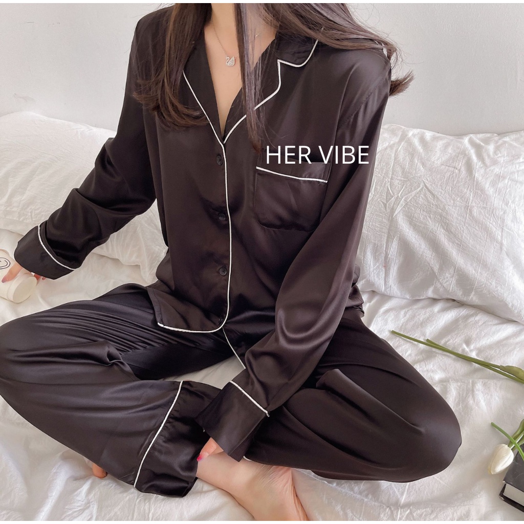 Bộ đồ nữ lụa pijama thu dáng dài quần áo ngủ ullazang xinh bộ ngủ pyjama màu trơn lụa quần dài tay dài nhiều màu