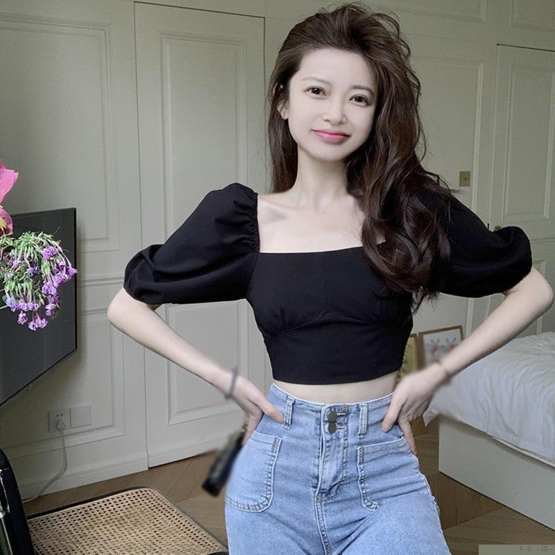 Áo crop top chiffon tay ngắn cổ vuông màu trơn phong cách Hàn Quốc thời trang cho