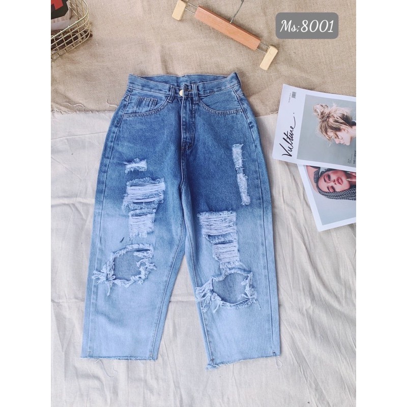 Quần baggy jean lửng wash loang rách mã 147, ảnh thật 100%