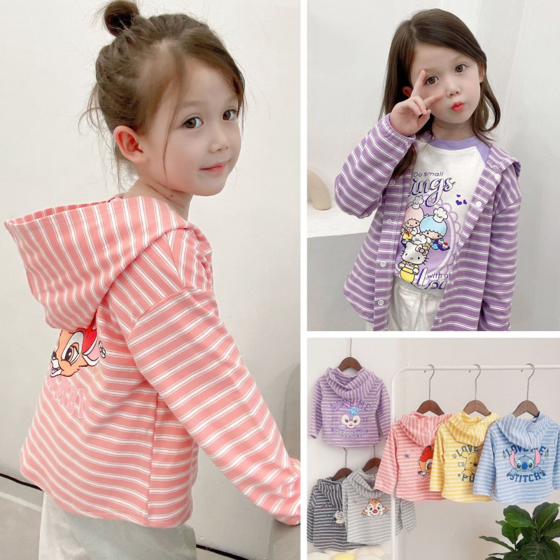 Áo khoác cardigan dệt kim mỏng tay dài kẻ sọc in hoạt hình kiểu Hàn Quốc dễ thương cho bé