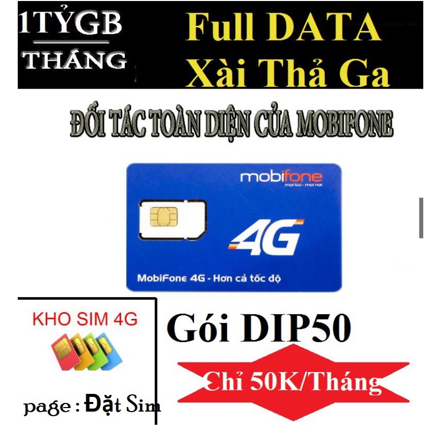 Sim Mobfione 4G gói DIP50 , ED50 - KHÔNG GIỚI HẠN DUNG LƯỢNG DATA - List số đẹp
