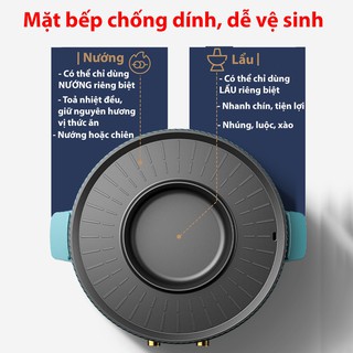 Bếp lẩu nướng đa năng Ninensh 2 in 1 - Nồi lẩu nướng điện đa năng - Có 2 mâm nhiệt, công suất 1350W - BH 12 tháng