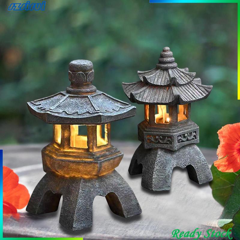 Đèn Lồng Bằng Nhựa Resin Màu Xám Điêu Khắc Chữ Pagoda Stupa Trang Trí Sân Vườn